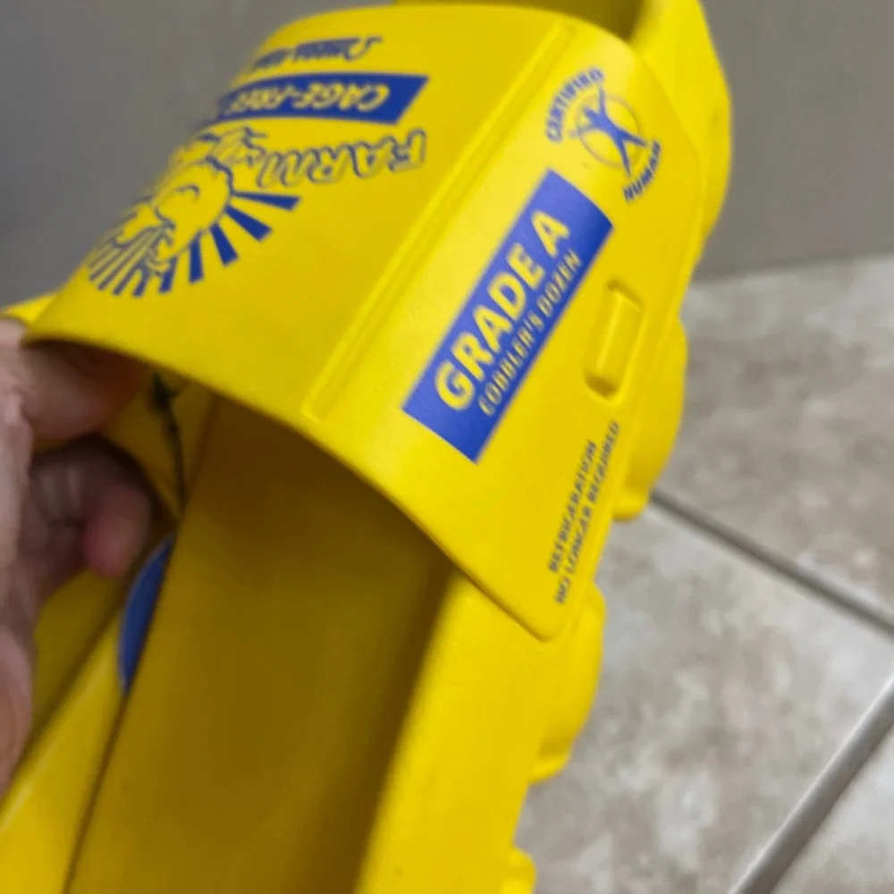 Meow Wolf Omega‎ Mart Cage-Free Toes Yellow Egg Carton Slides Men 10.5 women 12